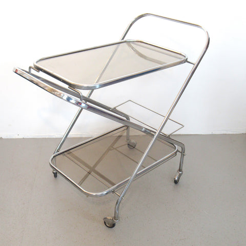 Desserte moderniste chromé et verre fumé 1970