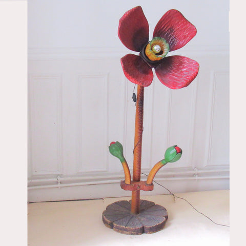 Grande lampe Fleur en bois sculpté Années 60
