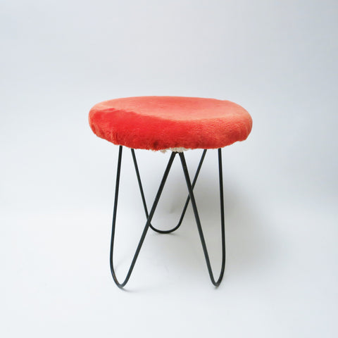 Tabouret tripode moumoute rouge Années 60